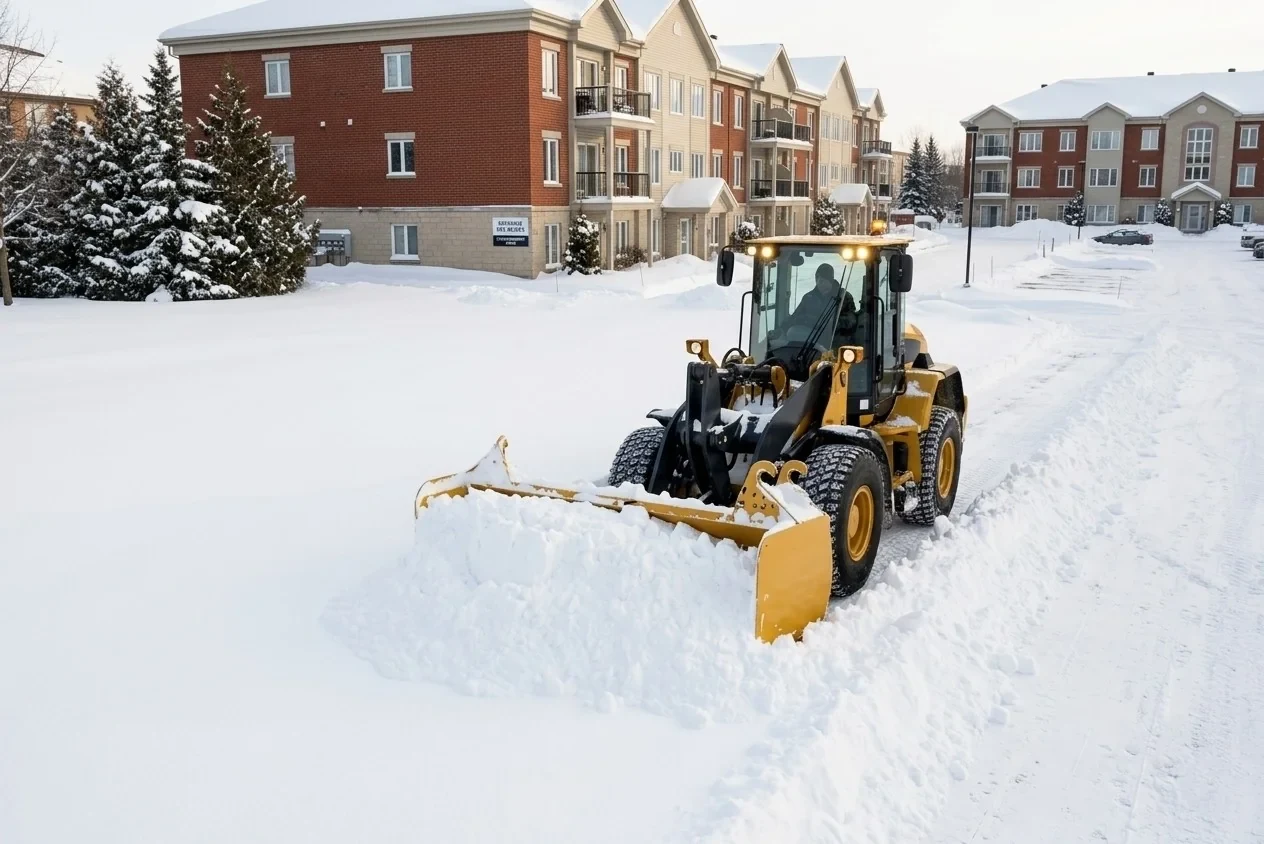 Chargeuse jaune poussant un banc de neige dans un stationnement de condos
