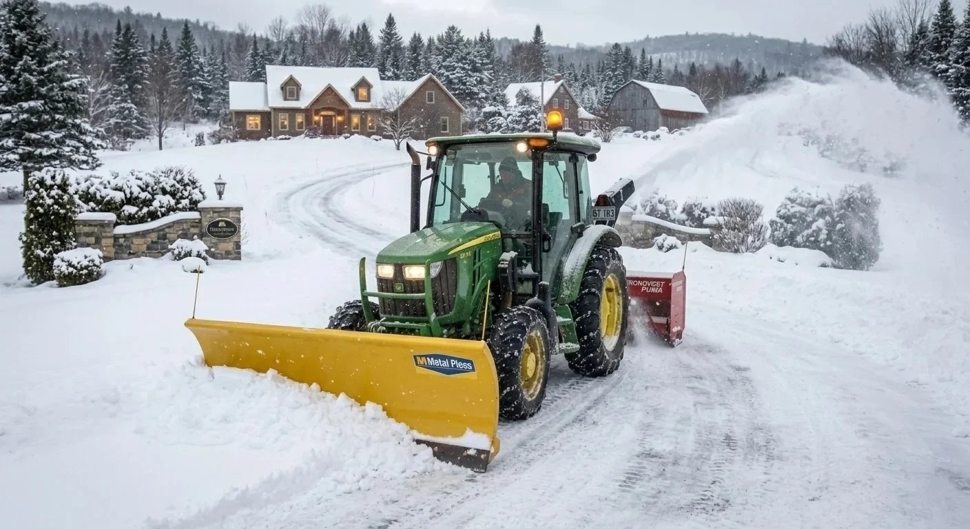 Tracteur à lame déneigeant une entrée résidentielle enneigée à Mirabel
